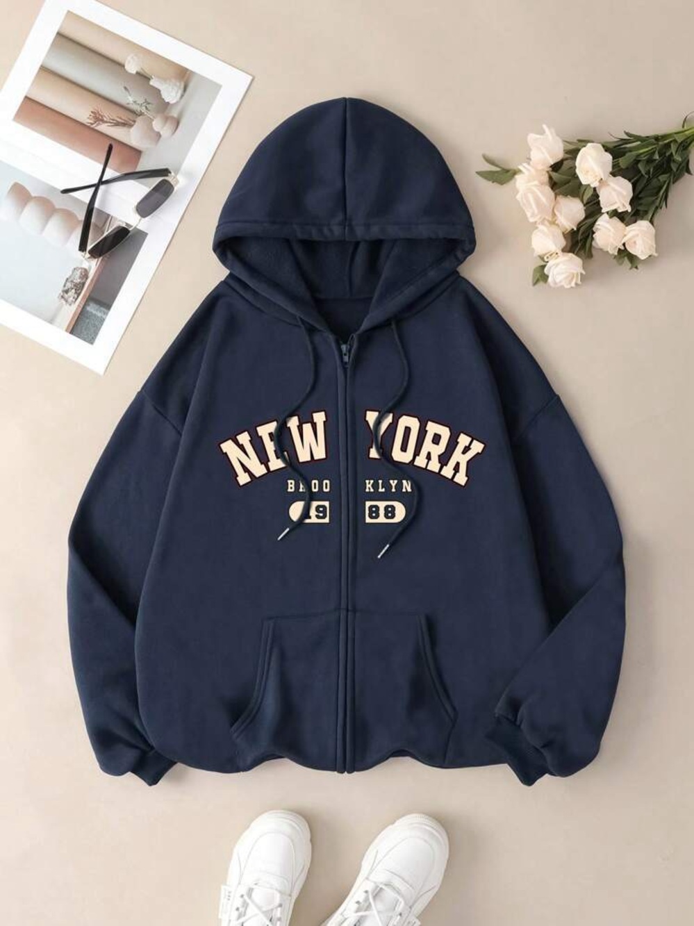Shein Brooklyn New York Spellout Zip Up Hoodie